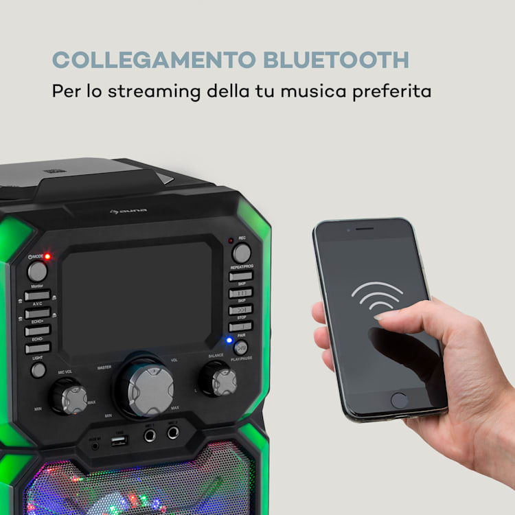 Rockstar Plus, impianto karaoke, bluetooth, USP, CD, effetto luci LED, RCA