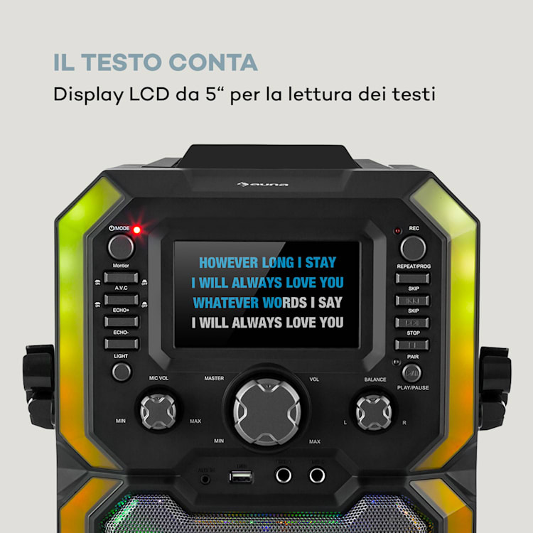 Rockstar Plus, impianto karaoke, bluetooth, USP, CD, effetto luci LED, RCA