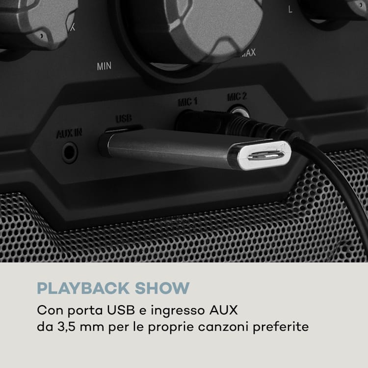 Rockstar Plus, impianto karaoke, bluetooth, USP, CD, effetto luci LED, RCA
