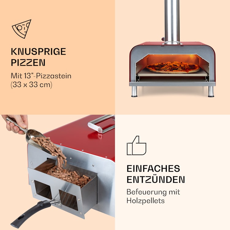 Diavolo Pizza-Pelletofen inkl. Pizzastein Thermometer Edelstahl Rot