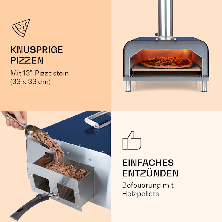 Diavolo Pizza-Pelletofen inkl. Pizzastein Thermometer Edelstahl Blau