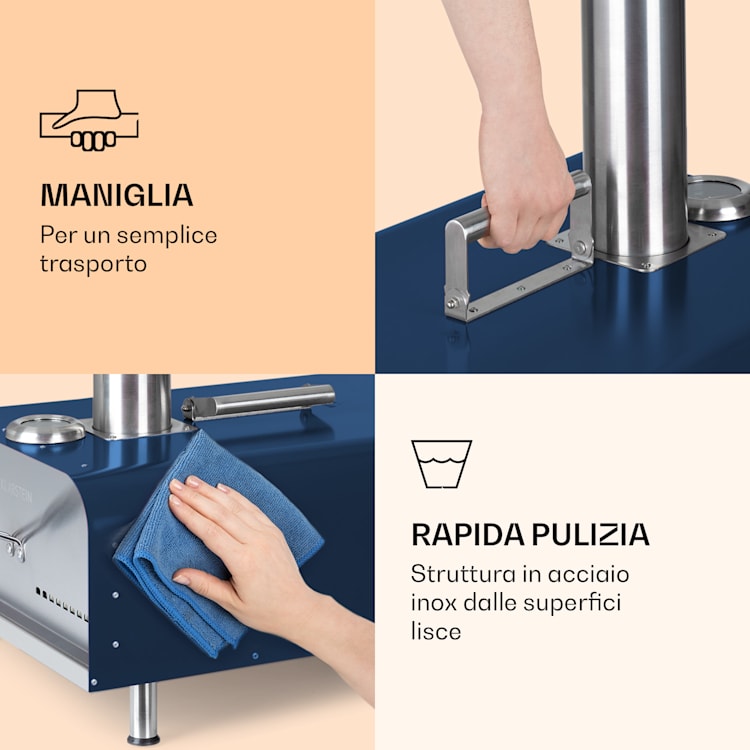Diavolo, forno a pellet per pizza, incl. pietra refrattaria, termometro, acciaio inox Blu