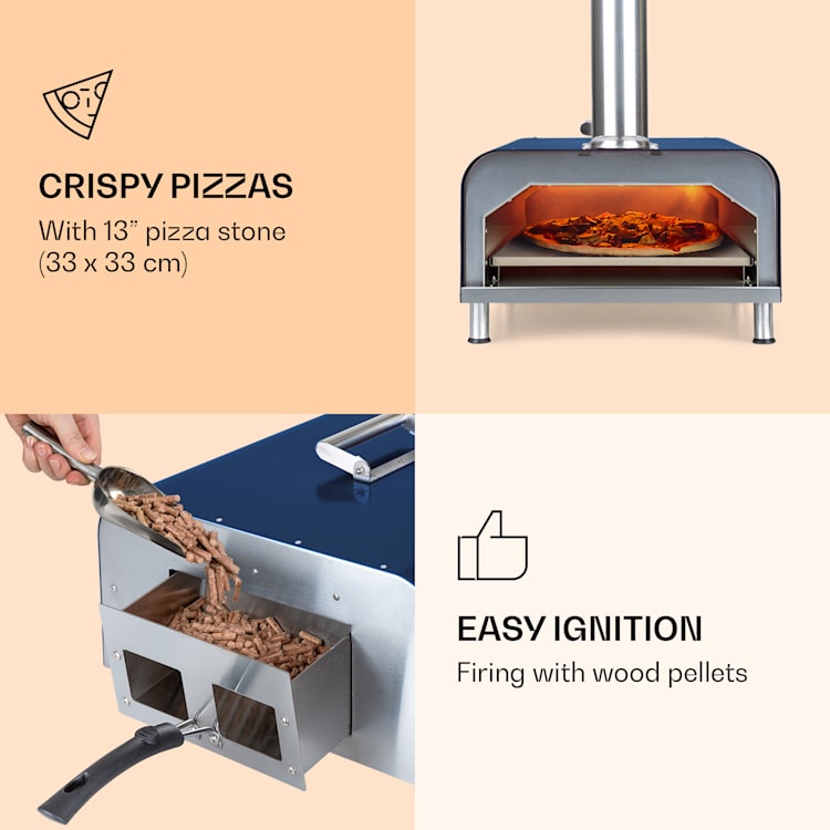 Diavolo, pellet pizzasütő, pizzakővel, hőmérővel, rozsdamentes acélból Kék