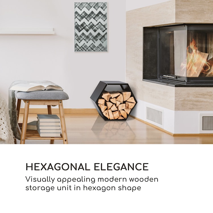 Hexawood Black, stojan na drevo, šesťuholníkový tvar, 50,2 × 58 × 32 cm Čierna