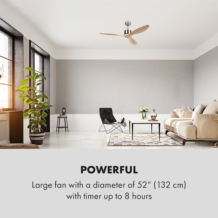 Santa Elena, Ventilatore a Soffitto, 3 Pale di Legno, 52", 9.060m³/h 132 cm (stanze 13–25 m²) | Telecomando | Acero