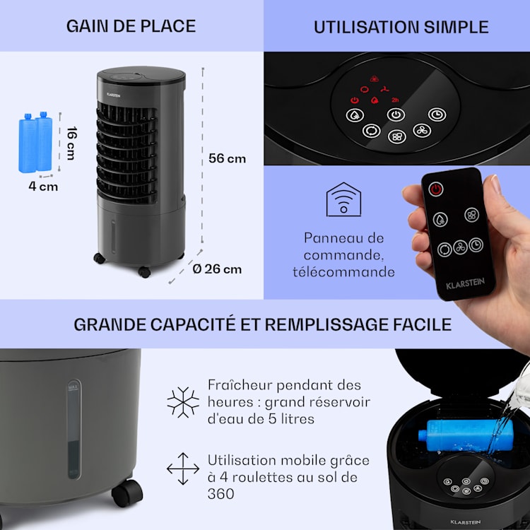 Skypillar rafraîchisseur d'air 3-en-1 ventilateur humidificateur d'air réservoir 5L télécommande panneau tactile Gris Foncé