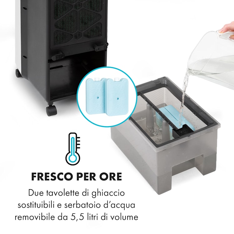 Cooler Rush, Ventilatore, Raffreddatore Evaporativo, Telecomando, 2 Piastre Eutettiche, 5,5L, 45W