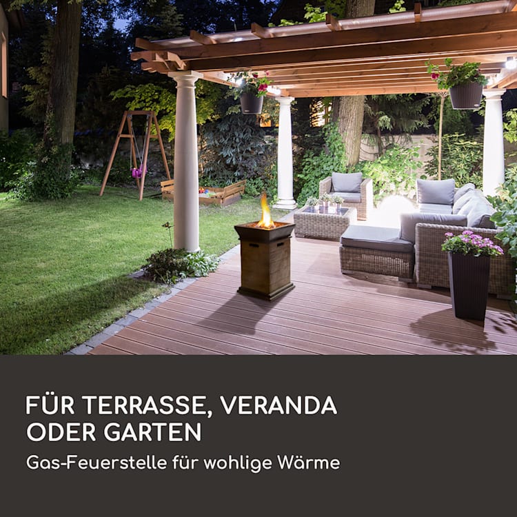 Prati Gas-Feuerstelle 13 kW elektrisches Zündsystem Lavasteine inkl. Regenschutz Holz