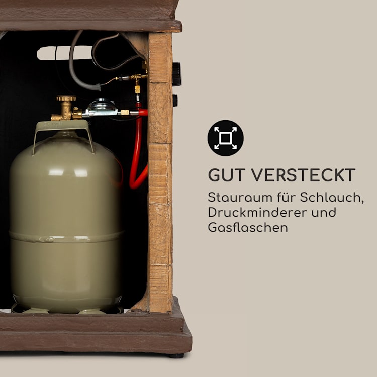 Prati Gas-Feuerstelle 13 kW elektrisches Zündsystem Lavasteine inkl. Regenschutz Holz