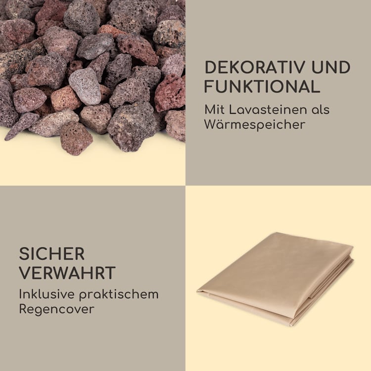 Prati Gas-Feuerstelle 13 kW elektrisches Zündsystem Lavasteine inkl. Regenschutz Holz