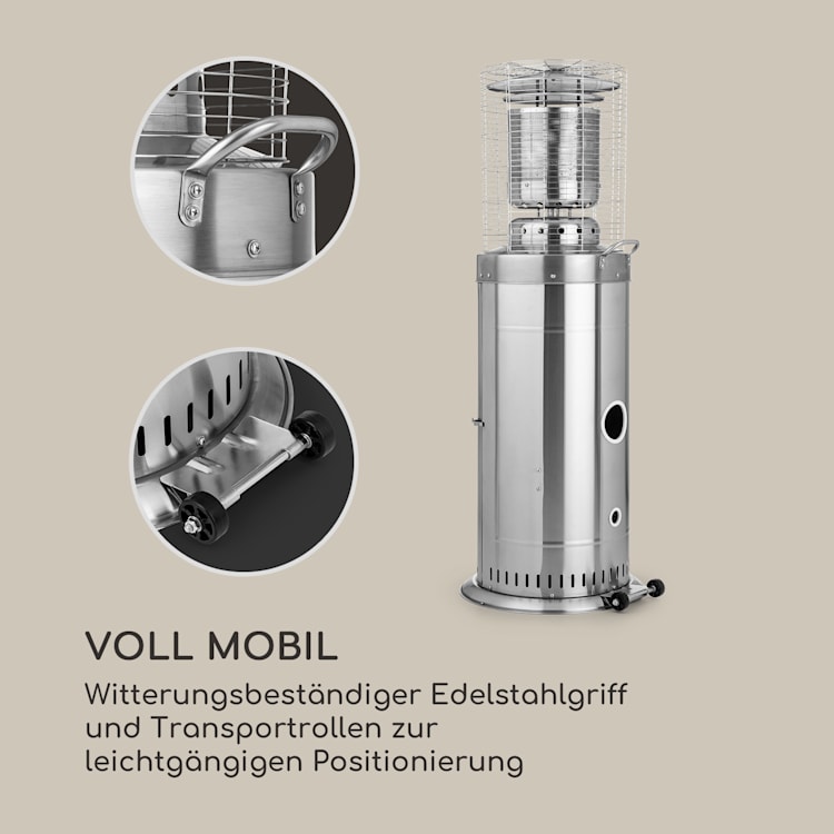 Heatwave Gasheizstrahler 10 kW (728 g/h) Bodenrollen Schutzcover Piezozündung Silber