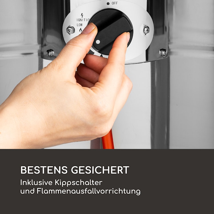 Heatwave Gasheizstrahler 10 kW (728 g/h) Bodenrollen Schutzcover Piezozündung Silber