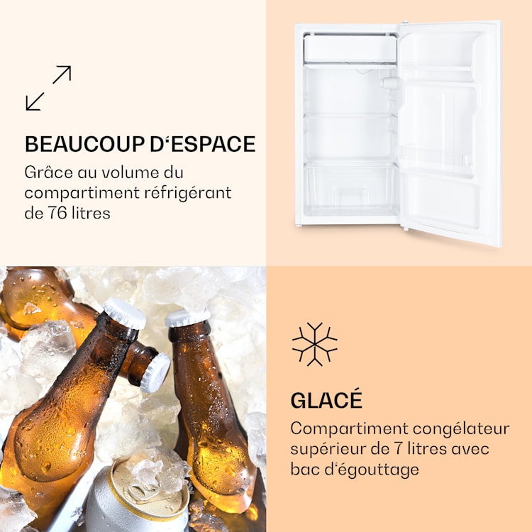 Spitzbergen 83 réfrigérateur 76 litres Compartiment congélateur plus de 7 litres 2 clayettes 83 L | Blanc