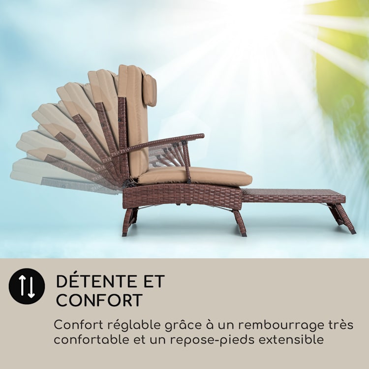 Kos Lounger Chaise longue avec cadre en acier repose-pied 6 positions Brun