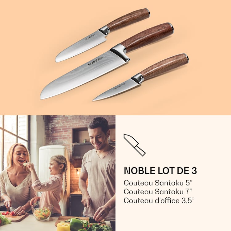 Set de couteaux Kishiko 3 pièces en acier damassé extra tranchant Manches en bois de rose