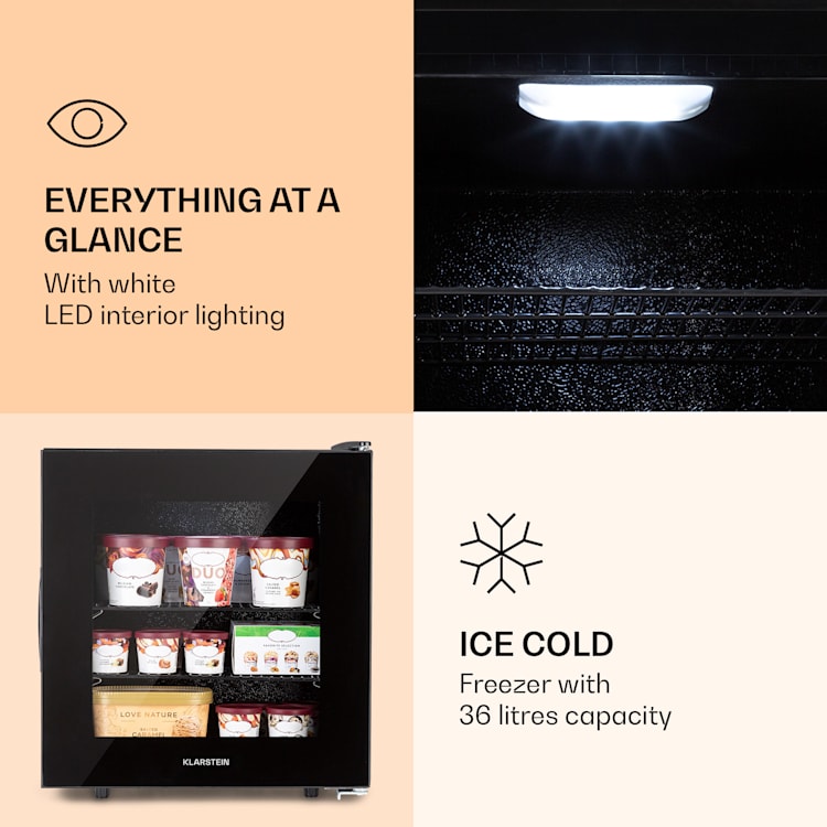 IceAge 36, mraznička, 36 litrov, energetická trieda E, 2 poschodia, termostat, sklenená predná časť Čierna