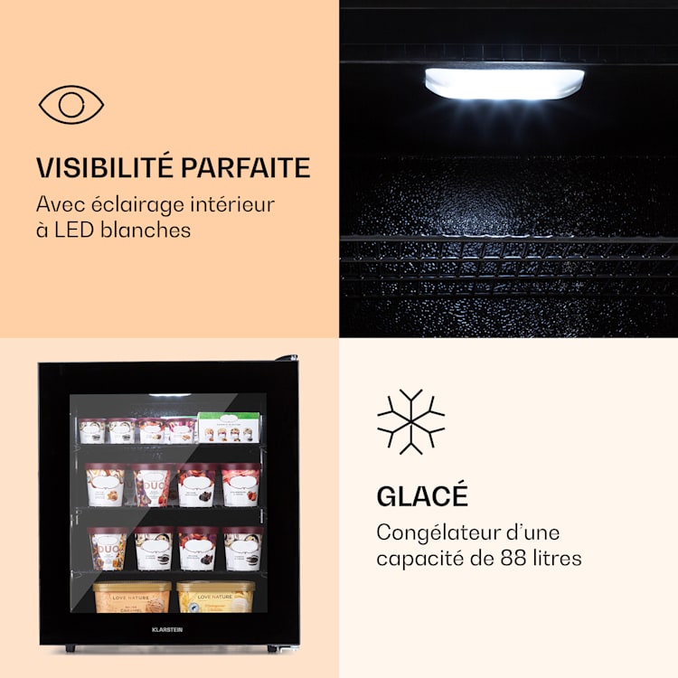 IceAge 88 Congélateur 88 litres classe E 3 étagères thermostat façade en verre Noir