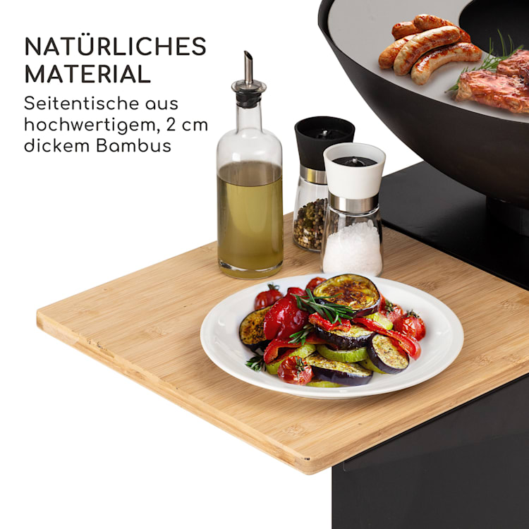 Savage 2.0 Tall Feuerschale mit Grill Bambus-Seitentische inkl. Wetterschutz Schwarz