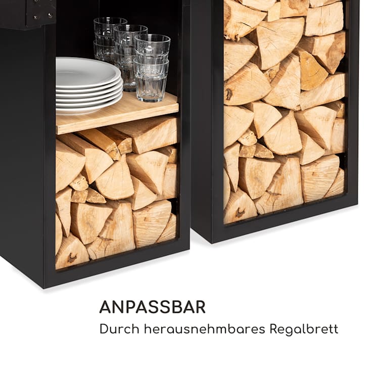Savage 2.0 Tall Feuerschale mit Grill Bambus-Seitentische inkl. Wetterschutz Schwarz