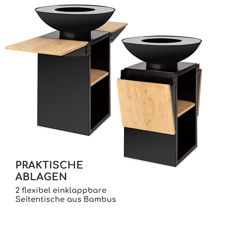 Savage 2.0 Tall Feuerschale mit Grill Bambus-Seitentische inkl. Wetterschutz Schwarz