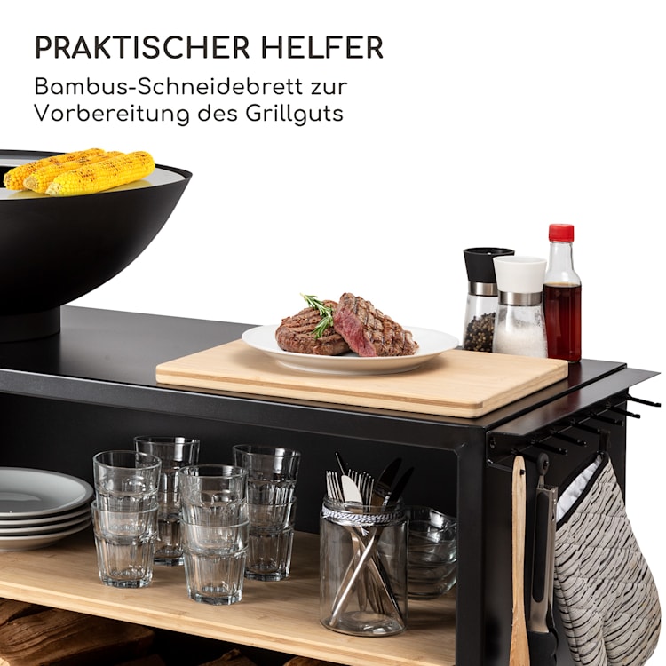 Savage 2.0 Wide Feuerschale Grill Bambus-Schneidebrett Wetterschutz breit | Schwarz