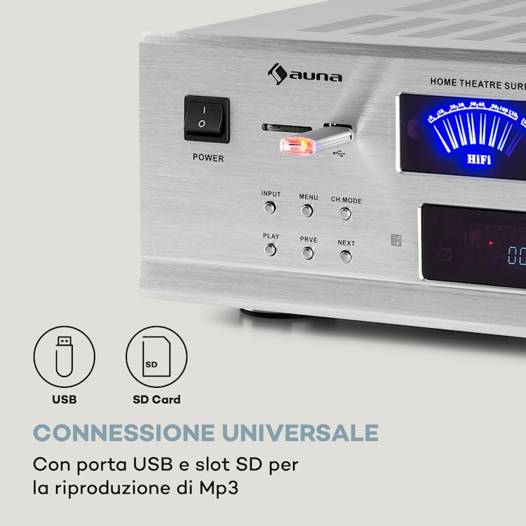 AMP 5100 BT amplificatore stereo da 2 x 120 W + 3 x 50 W RMS BT