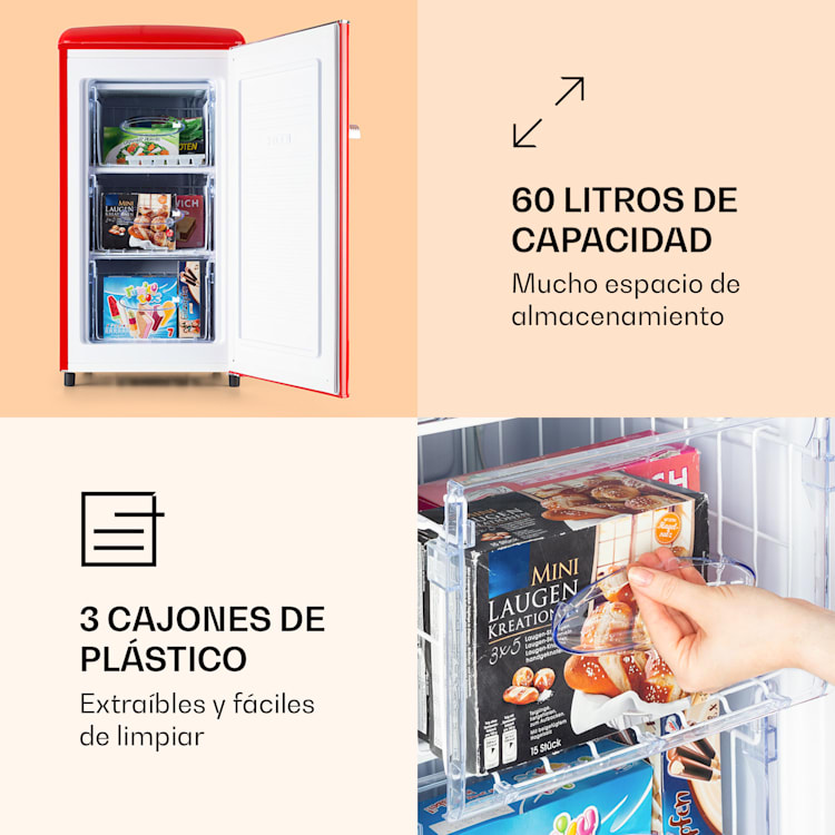 Laika 60L Congelador 60 litros 3 cajones Temperatura: -18 a 0 °C Rojo