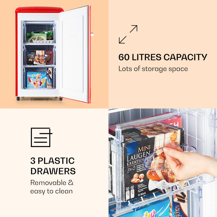 Laika 60L Freezer 60 Litres 3 Drawers Temperature: -18 to 0 °C Red