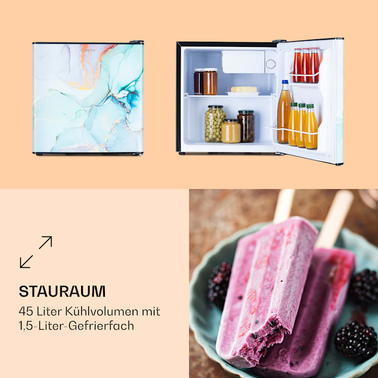 CoolArt 45L Mini-Kühlschrank EEK F Gefrierfach 1,5l Designtür 45 Ltr | Multicolor