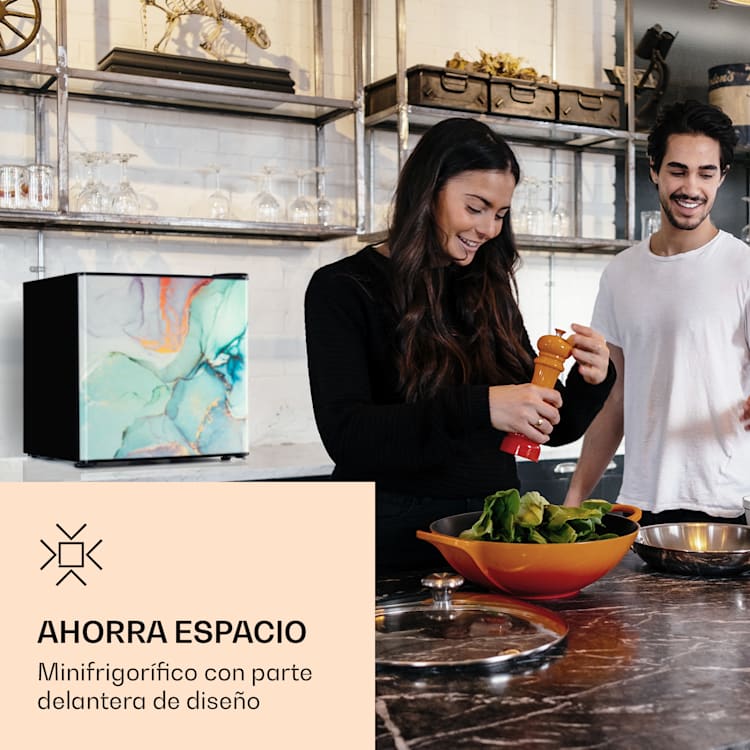 Mini nevera CoolArt 45 litros, clase de eficiencia energética F, compartimiento de congelador 1,5l, puerta de diseño 45 L | multicolor