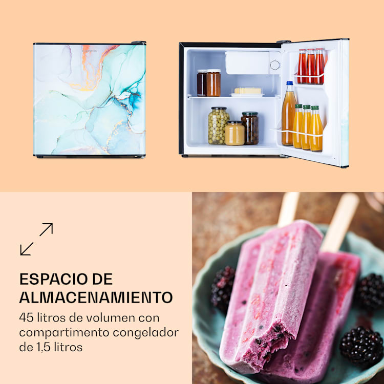 Mini nevera CoolArt 45 litros, clase de eficiencia energética F, compartimiento de congelador 1,5l, puerta de diseño 45 L | multicolor