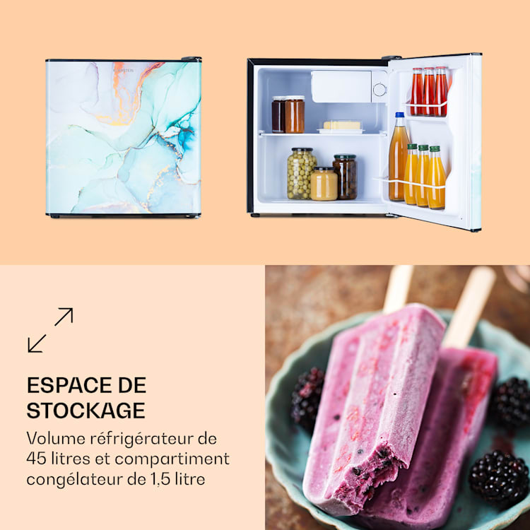 CoolArt 45L Réfrigérateur CEE F Compartiment Congélateur 1.5 l Porte Design 45 L | multicolore