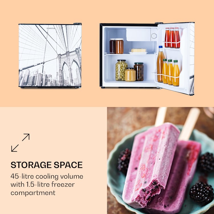 CoolArt, 45L, mini hűtőszekrény, EET F, 1,5 l-es fagyasztó, formatervezett ajtó 45 Ltr | sokszínű