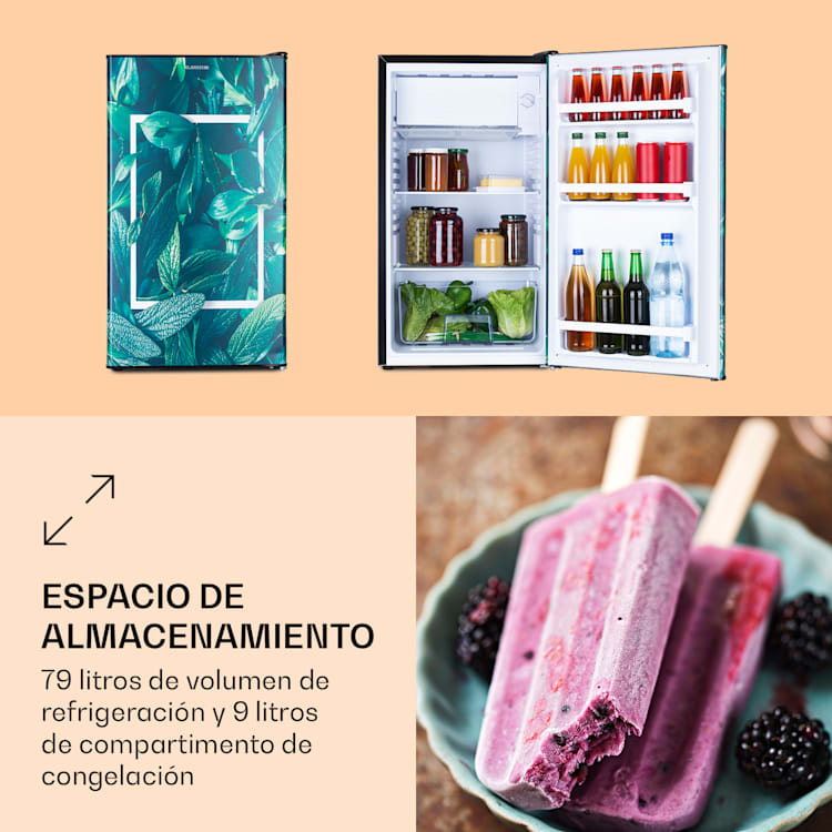 Combinación de frigorífico y congelador CoolArt 79L, clase de eficiencia energética F, congelador 9 litros, puerta de diseño Forest