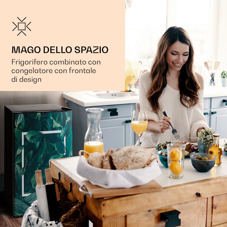 CoolArt 79L - Frigorifero con vano congelatore, classe energetica F, vano congelatore da 9 L, sportello di design Forest