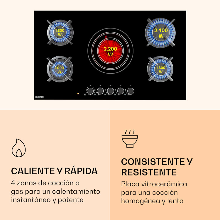 Placa de gas combinada MultiChef 5 gas/vitrocerámica, 5 zonas 5