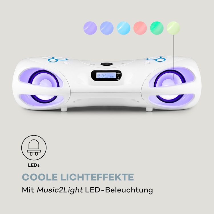Spacewoofer DAB Boombox CD-Player DAB+ UKW Bluetooth Fernbedienung LED Weiß