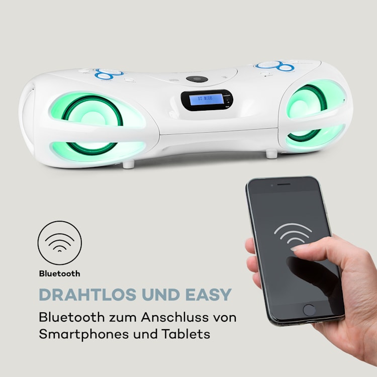Spacewoofer DAB Boombox CD-Player DAB+ UKW Bluetooth Fernbedienung LED Weiß