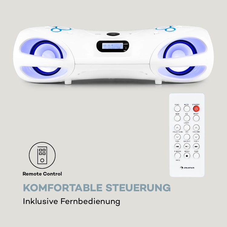 Spacewoofer DAB Boombox CD-Player DAB+ UKW Bluetooth Fernbedienung LED Weiß