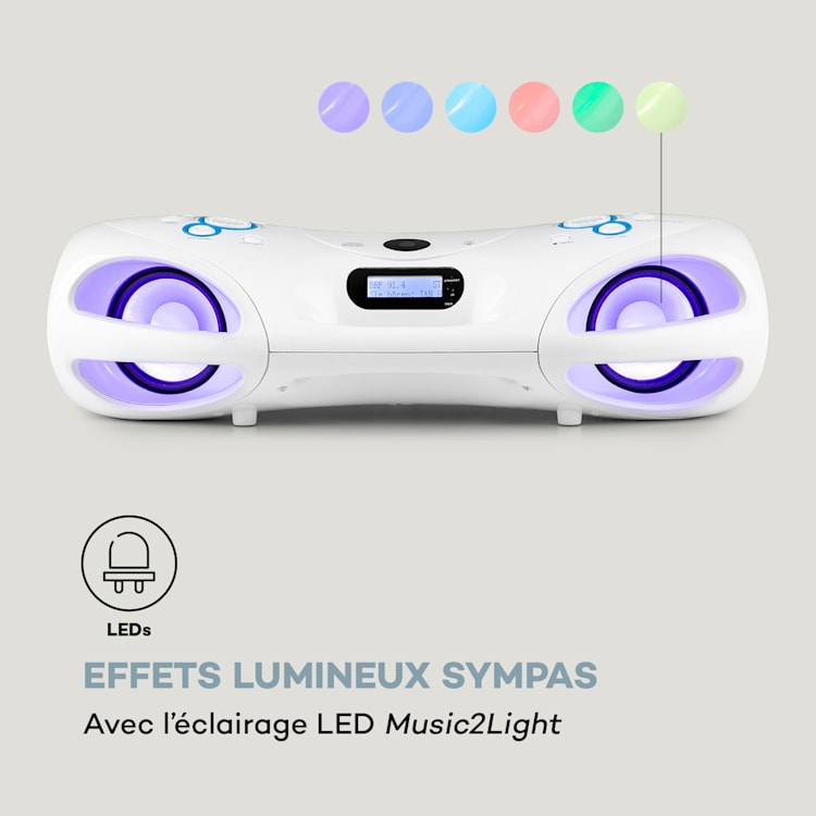 Boombox DAB Spacewoofer Lecteur CD DAB+ FM Bluetooth Télécommande LED Blanc