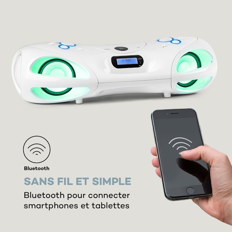 Boombox DAB Spacewoofer Lecteur CD DAB+ FM Bluetooth Télécommande LED Blanc
