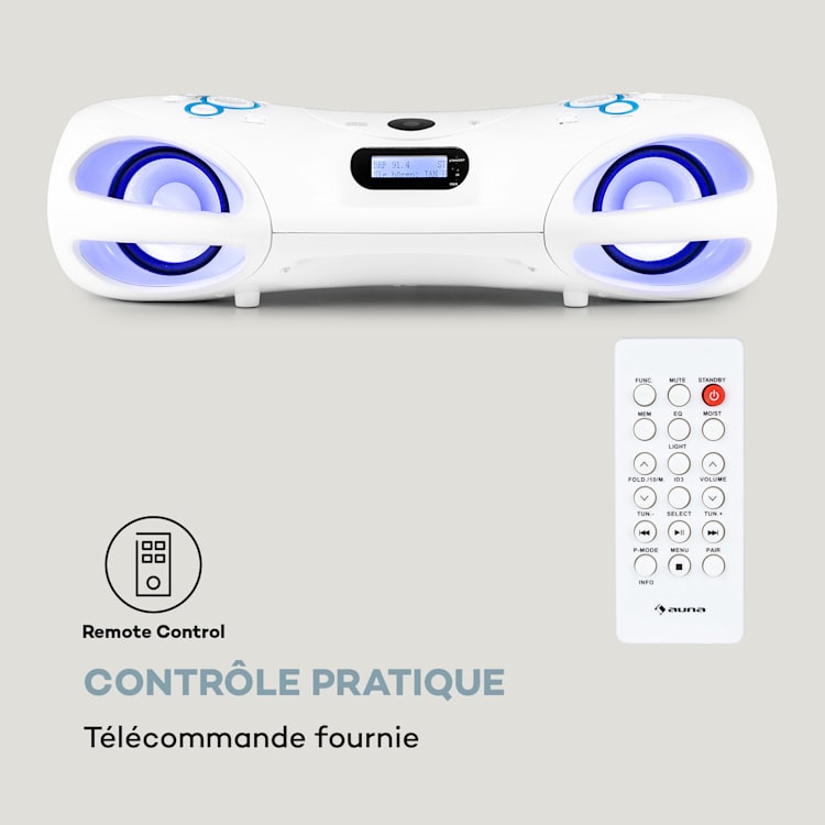 Boombox DAB Spacewoofer Lecteur CD DAB+ FM Bluetooth Télécommande LED Blanc
