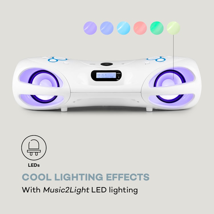 Spacewoofer DAB Boombox, CD-prehrávač, DAB+, UKW, Bluetooth, diaľkové ovládanie, LED Biela