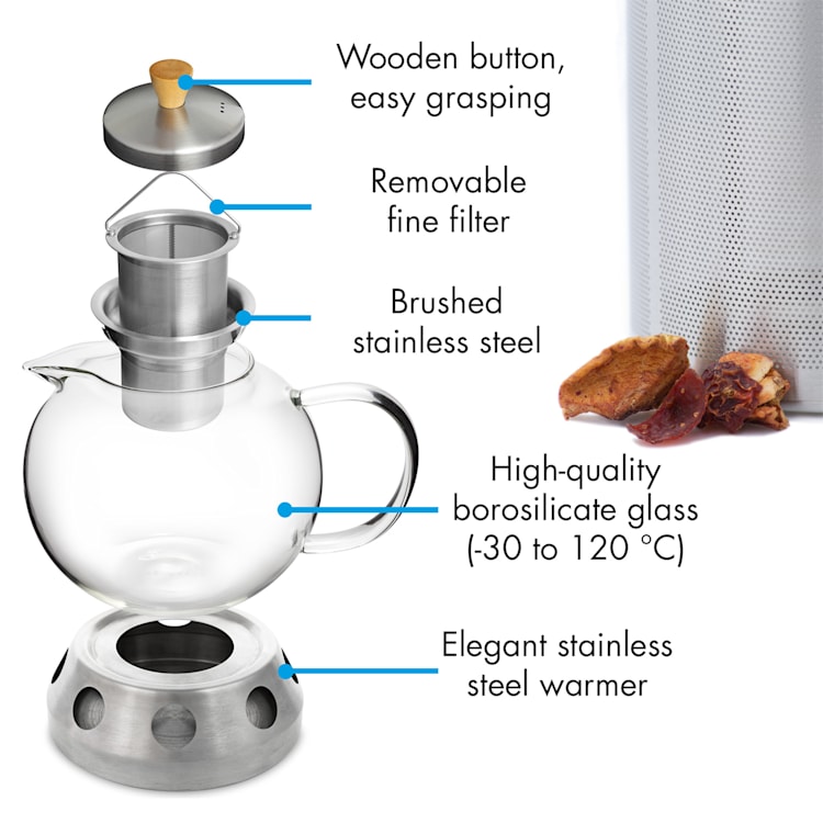 Sencha Théière design avec réchaud en acier inoxydable Hibiscus passoire 1,3 L