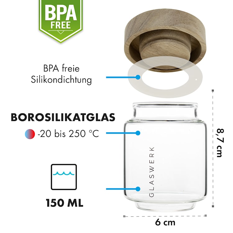 Glaswerk Cassia Gewürzgläser 6 St. 130 ml Borosilikatglas Holzdeckel luftdicht
