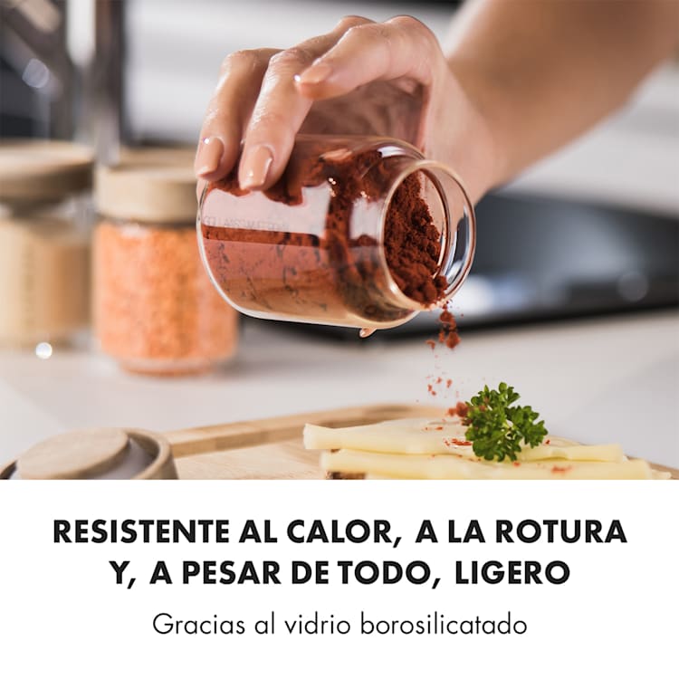 Cassia Tarro para especias 6 unidades 130 ml Vidrio de borosilicato Tapa de madera Hermético