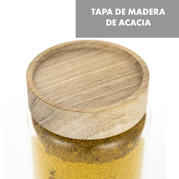 Cassia Tarro para especias 6 unidades 130 ml Vidrio de borosilicato Tapa de madera Hermético