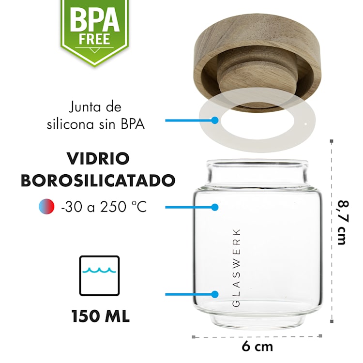 Cassia Tarro para especias 6 unidades 130 ml Vidrio de borosilicato Tapa de madera Hermético