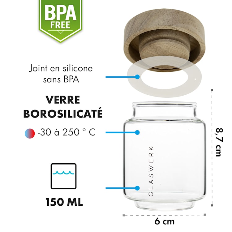 Cassia kruidenpotjes 6 st. 130 ml borosilicaatglas houten deksel luchtdicht