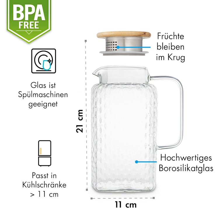 Glaswerk Livenza Wasserkrug 1,5 Liter Borosilikatglas Edelstahlsieb Deckel 1,5 Ltr